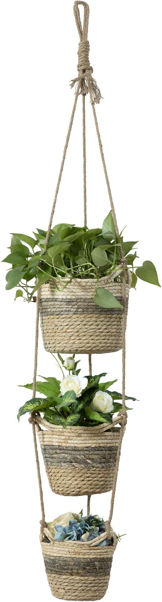 Navaris Seagrass Hanging Plant Pot Set - Decorative Indoor House Plant & Flower Pots with Jute Rope - Woven Basket Design for Home Storage - Small, Medium and Large Planters
