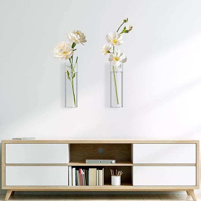 2 Pack Wall Mounted Glass Vase Set with Hooks High Borosilicate Transparent Hanging Flower Vase for Home Decor Dining Table