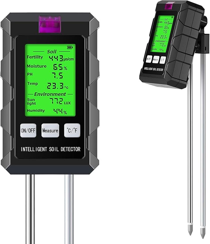 6-in-1 Moisture Meter, 2026 Dual Probe Soil Tester, Moisture/pH/Temperature/Sunlight/Air Humidity/Fertility, Perfect for Farming, Gardening, Lawns, Outdoor (2*AAA Battery Needed)