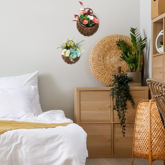 DOITOOL 2PCS Woven Hanging Wall Basket Rattan Wall Planter, Wicker Handmade Baskets Rustic Flower Pots Plant Containers for Garden Home Storage Flowers Hanging Planters
