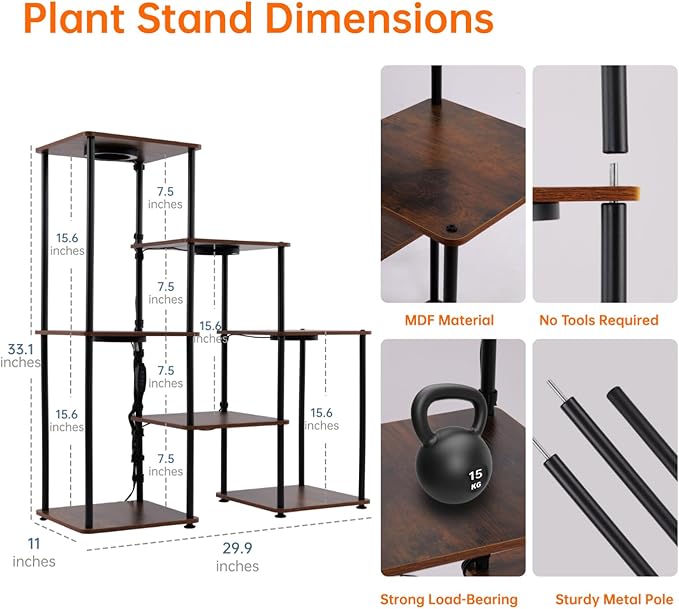 Bstrip Plant Stand Indoor with Grow Light, 33" High Indoor Plant Shelf, 7 Tier Flower Stand with Plant Light Full Spectrum, Metal Plant Holder with Light, laddered Plant Rack for Home, Corner, 29.9×11.0×33.1''
