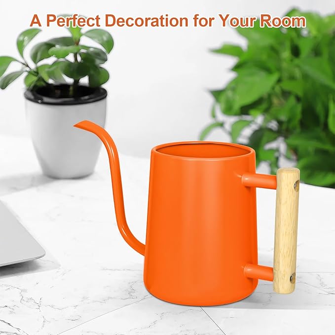 Watering Can Indoor Plants, 35 oz/1000 ml Metal Stainless Steel Watering Can Pot with Long Spout for Indoor House Plants Bonsai Outdoor Garden Flower Decorative (Orange)