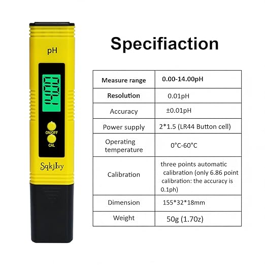 pH Meter for Water Tester Pen Monitor Water ph Meter Quality 0.01 High Accuracy Pocket Size with 0-14 Measurement Range for Soil,Household Drinking, Plants Growing,Pool and Aquarium（Yellow）