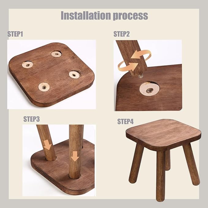 Wooden Step Stool, Plant Stool, Small Wooden Stool with Four Detachable and Assembled Legs, Offering Good Balance, Walnut Color, Natural Rubber Wood, Rounded Safety Design, Multi-Functional