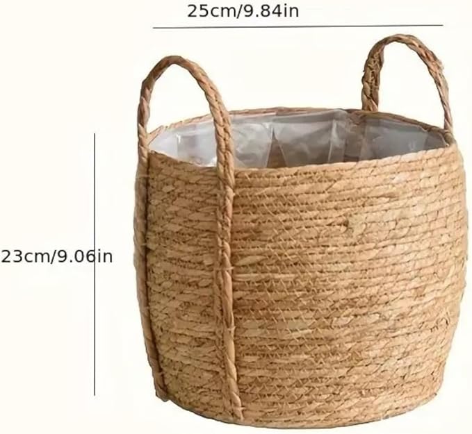10 inch Large Seagrass Woven Planter Basket with Handles - Wicker Planter Basket with Plastic Film Insert for Indoor Plants, Large Monstera Pot, Woven Storage Basket, Boho Home Decor
