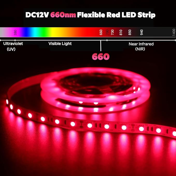 12 Volt 660nm Red Flexible LED Strip Light, 5m/16.4ft 72W Soft Cuttable 660 nm-670 nm Deep Red Light LED Tape, IP20 Non-Waterproof Grow Lights for Indoor Plants (660nm, 300 LEDs, 5050 SMD)