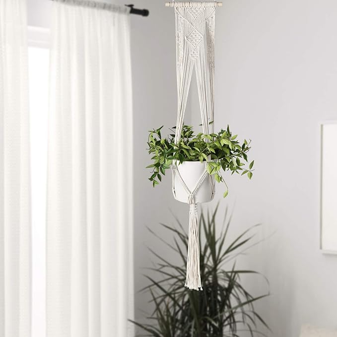 Flexzion Hanging Macrame Plant Holder - 4-Set Pot Hangers for Plants, Boho Hanging Planters for Indoor Use, Handwoven Cotton Rope Plant Hanger Set with C & S Hooks (Plant & Pot Not Included)