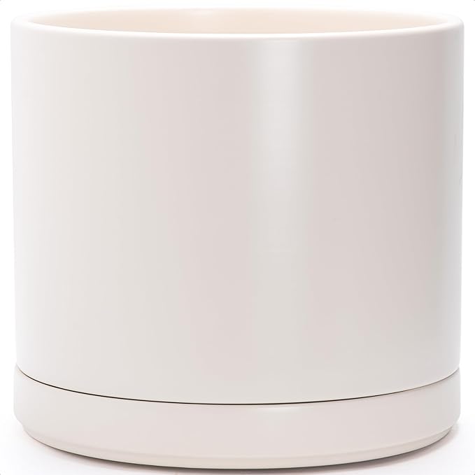 D'vine Dev 16 Inch Ceramic Planter Pot with Drainage Hole and Saucer, Indoor Cylinder Round Planter Pot, Oatmeal, 94-O-H-8