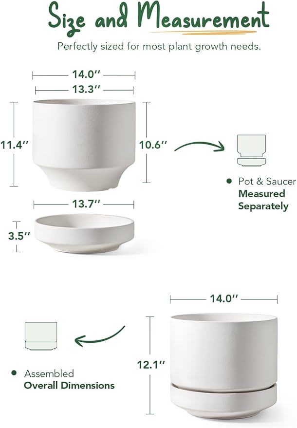 LE TAUCI 12 Inch Pots for Plants with Saucer | Ceramic Outdoor & Indoor Planter Pot for Plants | Drainage Hole, Mesh Pad | Unglazed Porous | Modern for Home, Office and Patio – Chalk White