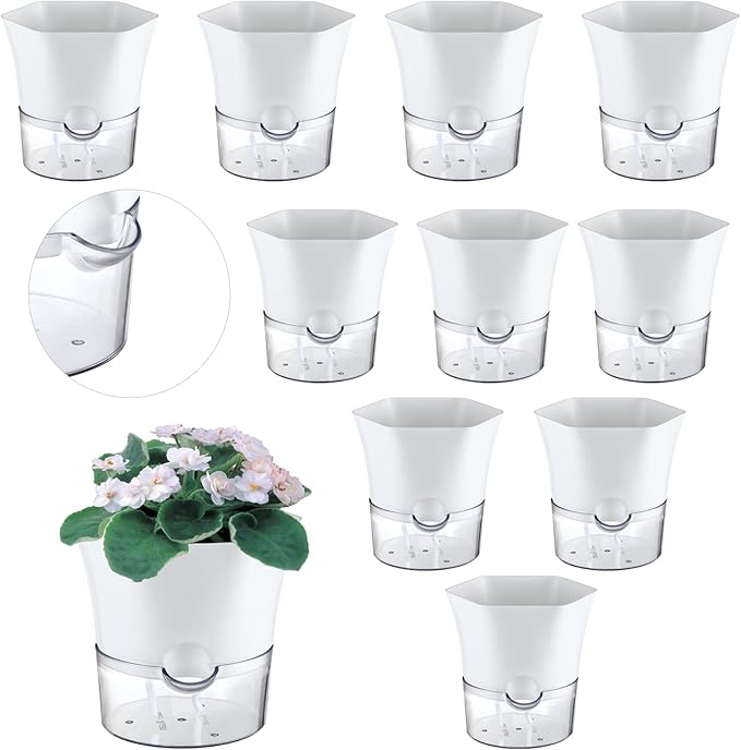 10-Pack 4.33" Clear Self Watering Pots for Indoor Plants Large Hexagon Self-Watering Planters Orchid Pots Plastic Wick Flower Plant Pots for African Violet, Spider, Herbs, Home Decor, White and Clear