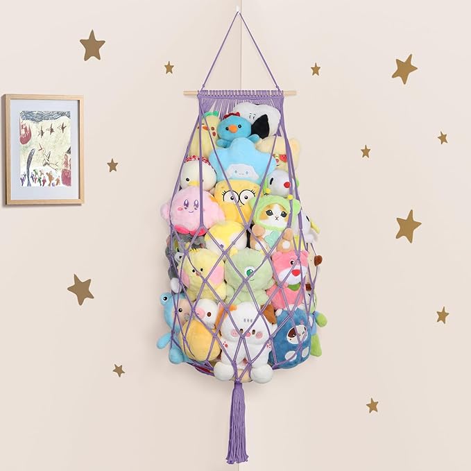 Stuffed Animal Storage Hammock Corner, 70 Inch Jumbo Macrame Stuffed Animal Net Toy Hammock, Wall Ceiling Hanging Plushies Teddy Bear Storage Organizer for Kid Boho Nursery Decor Gift (Purple)