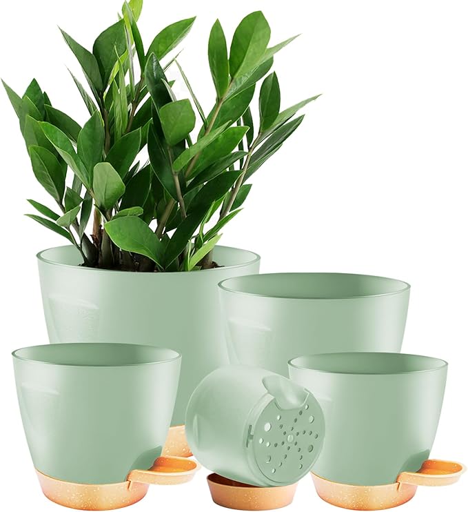 5-Pack Plant Pots with Drainage 7/6.5/6/5.5/5 Inch, Self Watering Pots for Indoor Plants, Planters for Indoor Outdoor Plants, Plastic Flower Pot, Planter for Indoor Outdoor (Green)