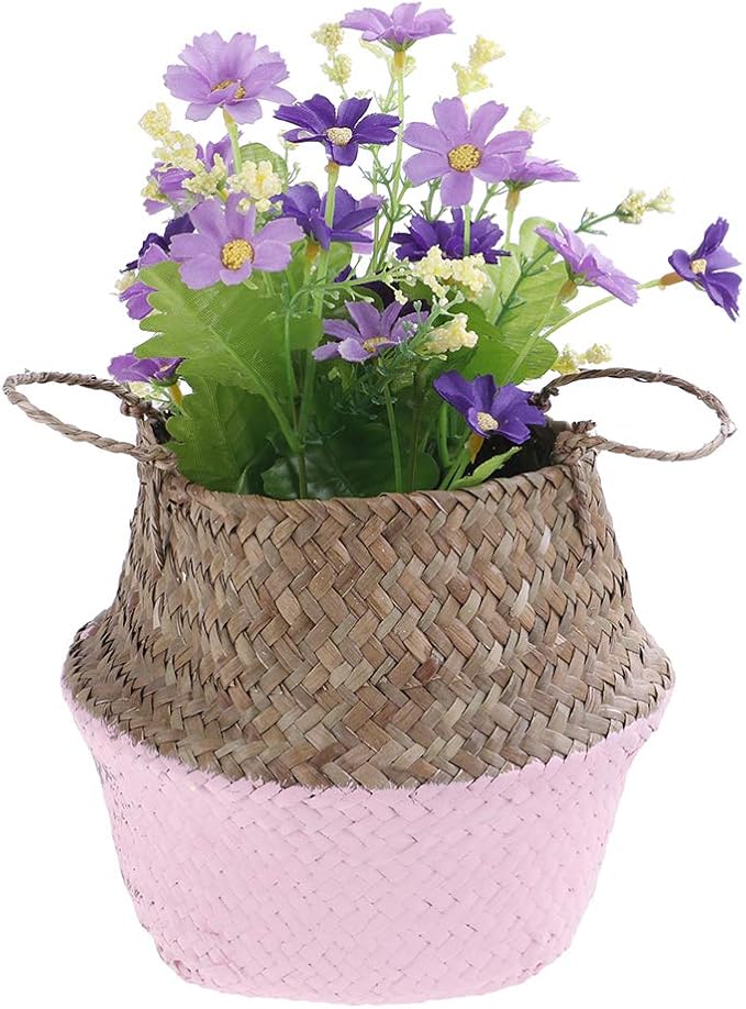 Woven Seagrass Belly Baskets with Handles for Planter Storage Flower Pot Cover Organizer&Laundry,Picnic Fruit&Grocery Baskets,Foldable Handmade Wicker Rattan Basket Hanging Decorative Baskets