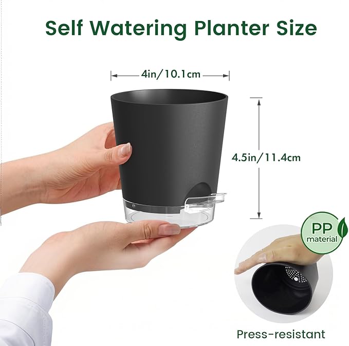 Meowell 4 inch Self Watering Pots for Indoor Plants, 5 Pack Small Flower Plant Pots with Drainage Holes and Clear Reservoirs, Visible Water Level, Plastic Planters with Wicking Rope, Black