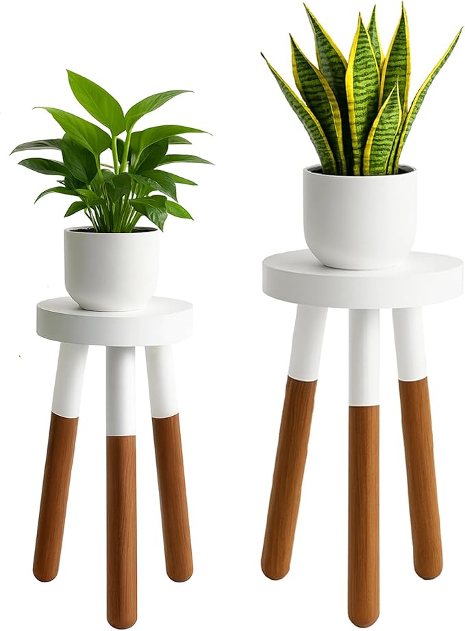 LitaEther Reverse Dipped Wood Plant Stand, Wood Accent Stool,Milking Stool Set (16" H x 12" D+18" H x 12" D)