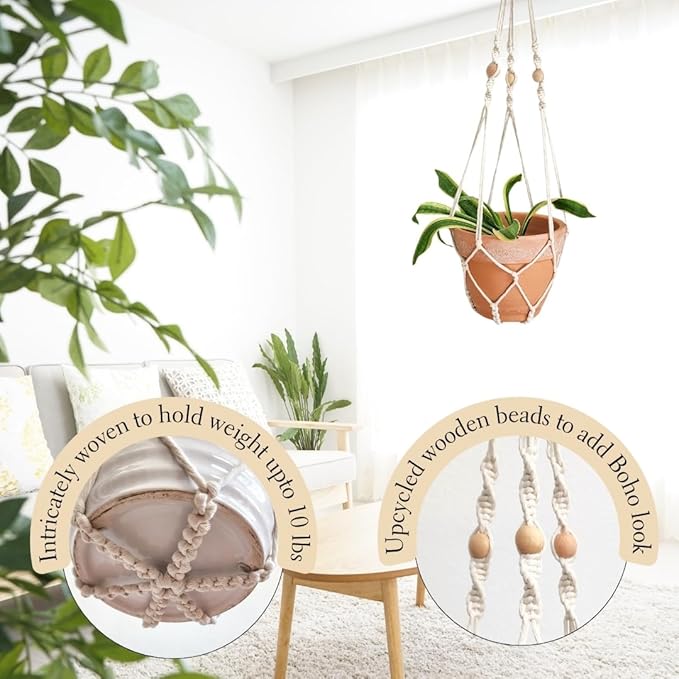 Macrame plant hanger 3ft beaded plant hanger for pots 4-8” for live plants indoor and outdoor decor hanging plant holder Boho décor Plant stand indoor Hanging planter for plant pots (Vanilla White)
