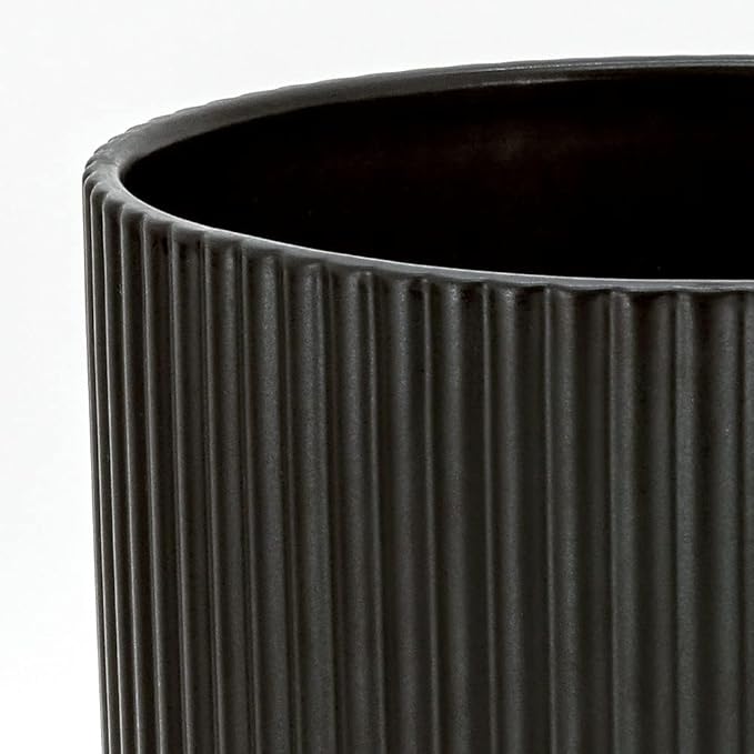 Amazon Basics Fluted Ceramic Round Planter with Drainage Hole, 10-inch, Black, Indoor Outdoor, Flower Pot