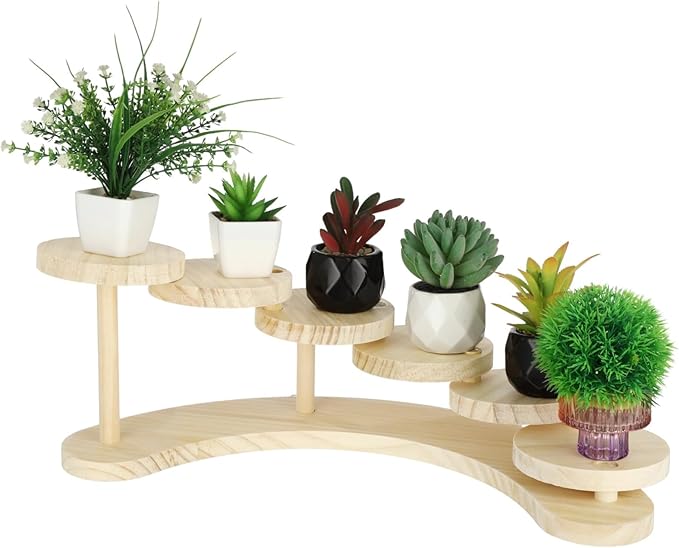 6-Tier Wooden Desk Plant Stand, Tabletop Plant Shelf with Multi-Level Round Platforms, Desktop Succulent and Flower Pot Stand for Window Sill Living Room Office Balcony Garden Decor