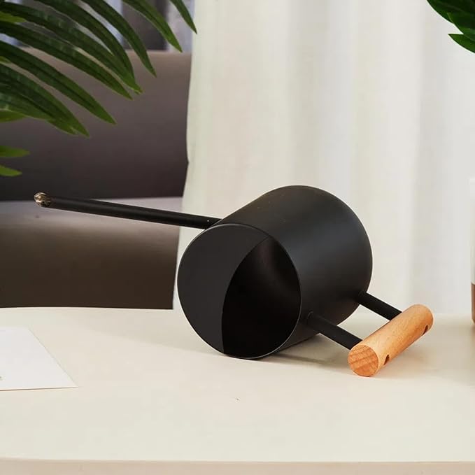 Indoor Watering Can with Long Spout, 34oz Capacity, Black Metal with Wood Handle (Black-Z1)