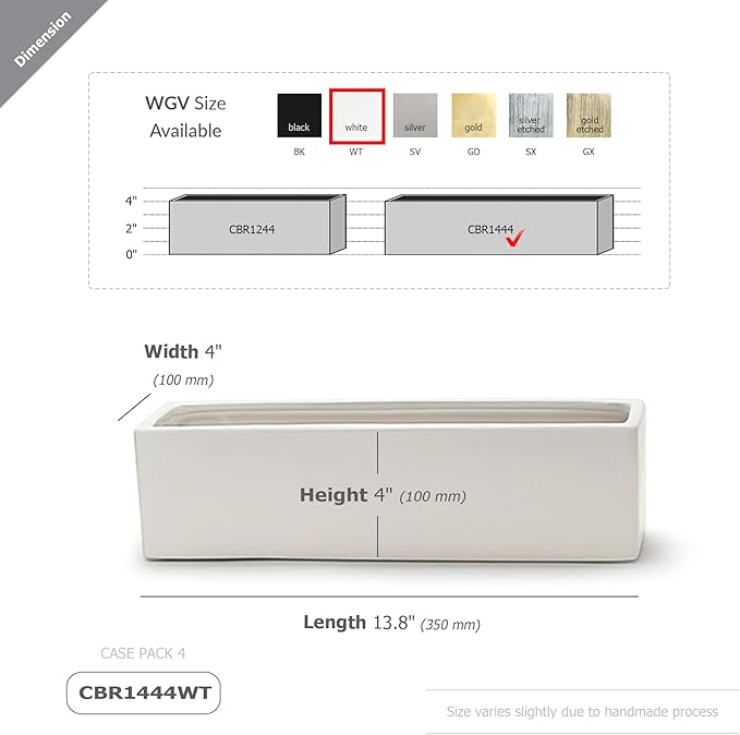 WGVI Long Rectangle Ceramic Planter Vase in White 14" x 4" x 4"H, Rectangular Box Block Terrarium Pot, Flower Arrangement, Tabletop Centerpiece, Home Decor Organization Storage Container, 4 Pcs.