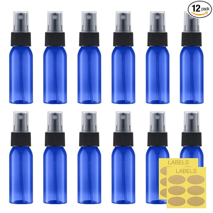 LISAPACK 1oz Small Plastic Blue Spray Bottle (12 Pack) Empty Mini Fine Mist Travel Size Atomizer, Tiny Sprayer for Little Perfume, Water, Cologne, Alcohol, Samples (Cobalt Blue, 30ml)