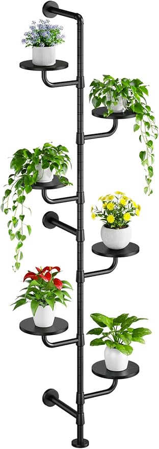 Plant Stand Indoor, 6-Tier Plant Shelf, Tall Wall Mounted Metal Pole & Rotating Wooden Board Plant Holder for French Window, Corner, Home Decor - C5 Black
