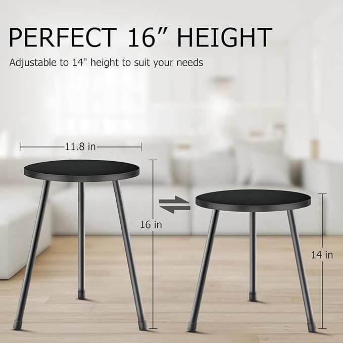 KINNARY Black Plant Stand Indoor Set of 2, Mid Century Wood Plant Table for Flower Pots, Metal Plant Holder, Modern Home Decor Small Round Side End Table (11.8"x16")