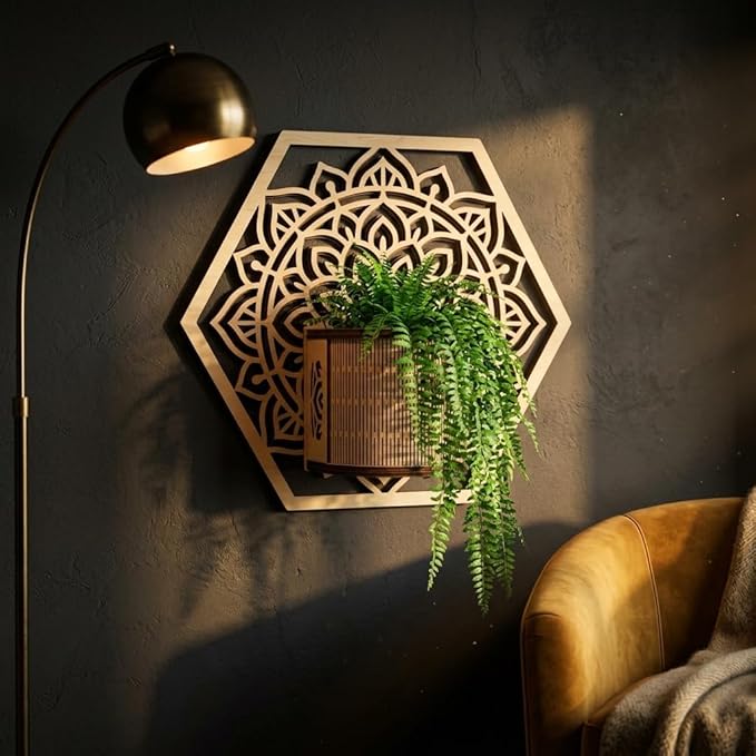 Mandala Style Hexagonal Wall Planter Set - 3D Laser-Cut Wood Vertical Garden for Succulents and Herbs - Unique Geometric Wall Decor for Indoor Plants (2pc)