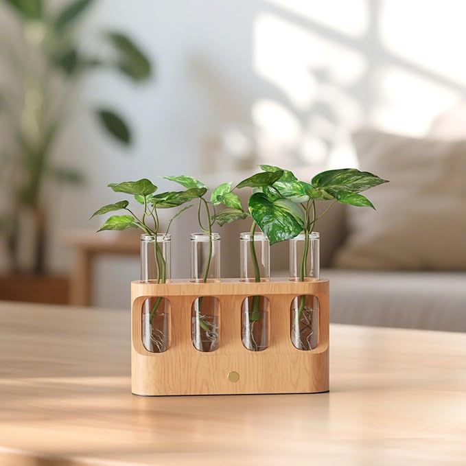 Rechargeable Plant Propagation Station with Stepless Dimming LED Light, Wooden Stand, 4 Glass Test Tubes, Home Decor for Hydroponic Plants, Unique Gifts for Women & Plant Lovers