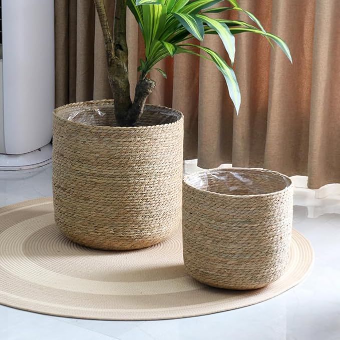 14 inch Large Seagrass Woven Planter Basket - Wicker Planter Basket with Plastic Film Insert for Indoor Plants, Large Monstera Pot, Woven Storage Basket, Boho Home Decor (Large)