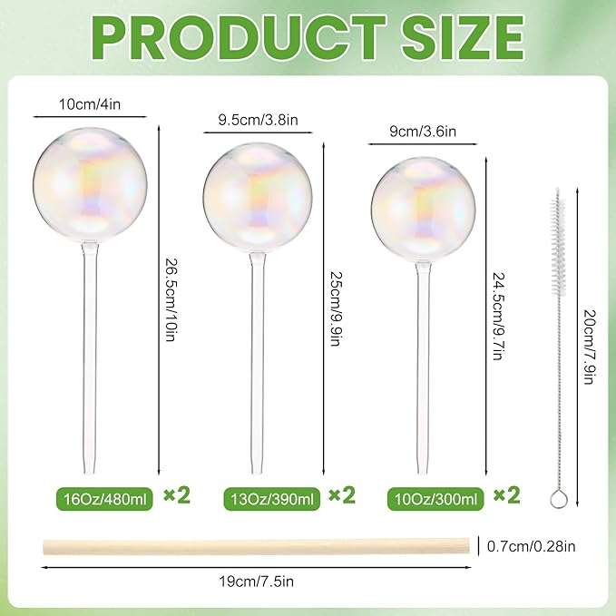6 Pcs Iridescent Self Watering Globes Glass Rainbow Plant Self Watering Globes Planter Insert Large Automatic Plant Waterer Bulbs for Planter Indoor Outdoor Garden, 16oz, 13oz, 10oz