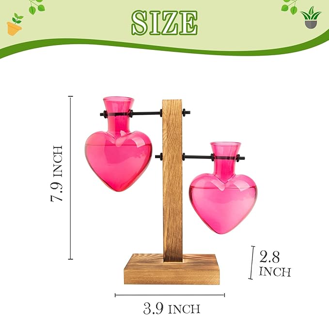 XXXFLOWER Plant Terrarium Wooden Stand Hydroponic Planter Bulb Glass Metal Swivel Holder Retro Air Plants Water Plants for Home Office Decoration,Gifts for Plant Lover Wife Mom- 2 Pink Love Bulb Vase