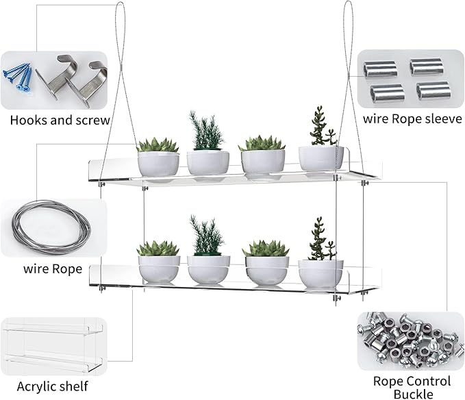 2-Tier Acrylic Window Display Shelves – 16" Adjustable Clear Racks for Herbs, flowers and Indoor Greenery in Kitchen & Bedroom