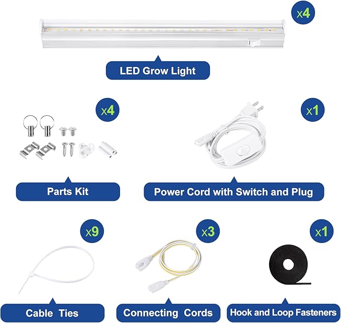 RWNTAO T5 Grow Light for Indoor Plants, 5000K Full Spectrum, 1FT LED Growing Lights Strip with Side Switch, Suitable for Greenhouse Seedlings and Vegetable Planting, Plug and Play, 4 Pack