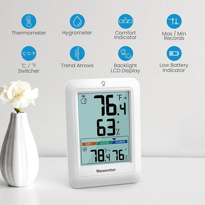 Newentor Indoor Outdoor Thermometer Wireless, Weather Stations Wireless Indoor Outdoor, Outdoor Thermometers for Patio House, Outside Inside Thermometers with Comfort Indicator, White with 2 Sensors