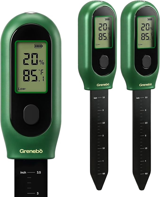 Grenebo 3-in-1 Soil Moisture Meter, Digital Plant Water Meter, Temperature & Sunlight Intensity Sensor, LCD Display Soil Tester for Gardening, Farming, Plant Care, Indoor & Outdoor Plants, 2 Pack