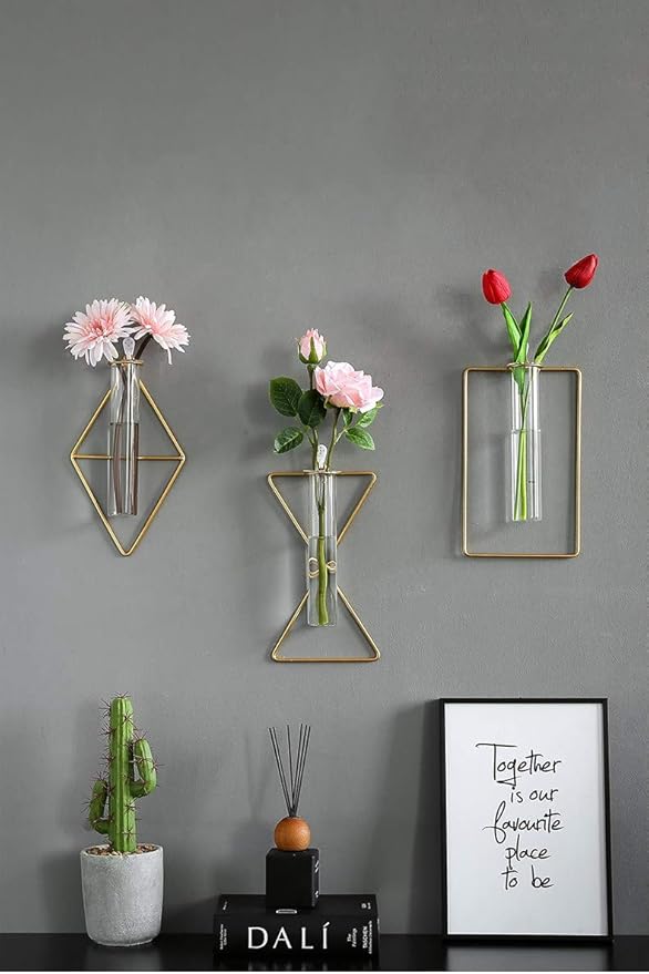 2 Pack Nordic Wall Vase,Gold Geometric Vase Hanging Hydroponic Planter,Wall-Mounted Metal Glass Tube Bud Vase Decorative for Centerpieces Wedding Home Decor(Gold 5)