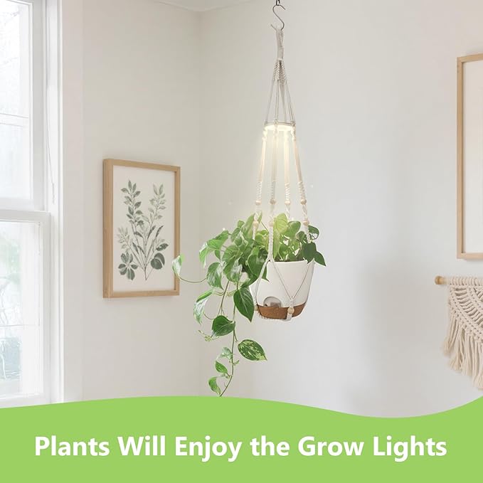 Hanging Planters for Indoor Plants: 2 Pack Macrame Plant Hangers with Grow Lights and Self-Watering Pots, Large Hanging Pots with Drainage Holes & Removable Tray（8in White Pot, Daylight Spectrum）