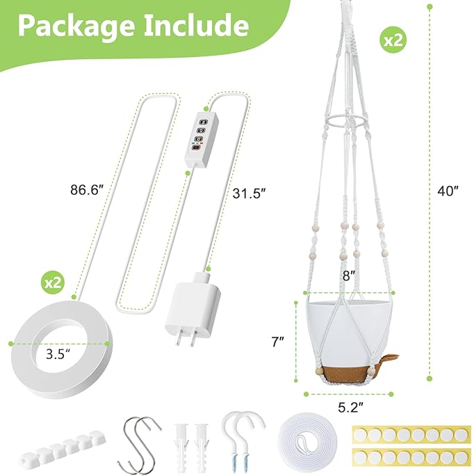 Hanging Planters for Indoor Plants: 2 Pack Macrame Plant Hangers with Grow Lights and Self-Watering Pots, Large Hanging Pots with Drainage Holes & Removable Tray（8in White Pot, Daylight Spectrum）