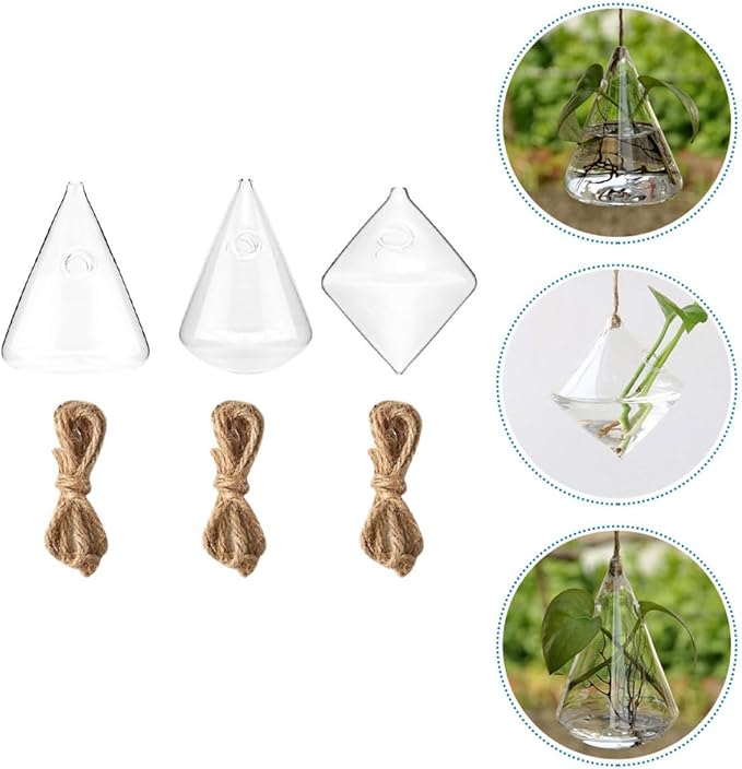 Geometric Glass Hydroponic Planter Set of 3 Wall Mounted Hanging Vases for Indoor Home Décor and Plant Propagation
