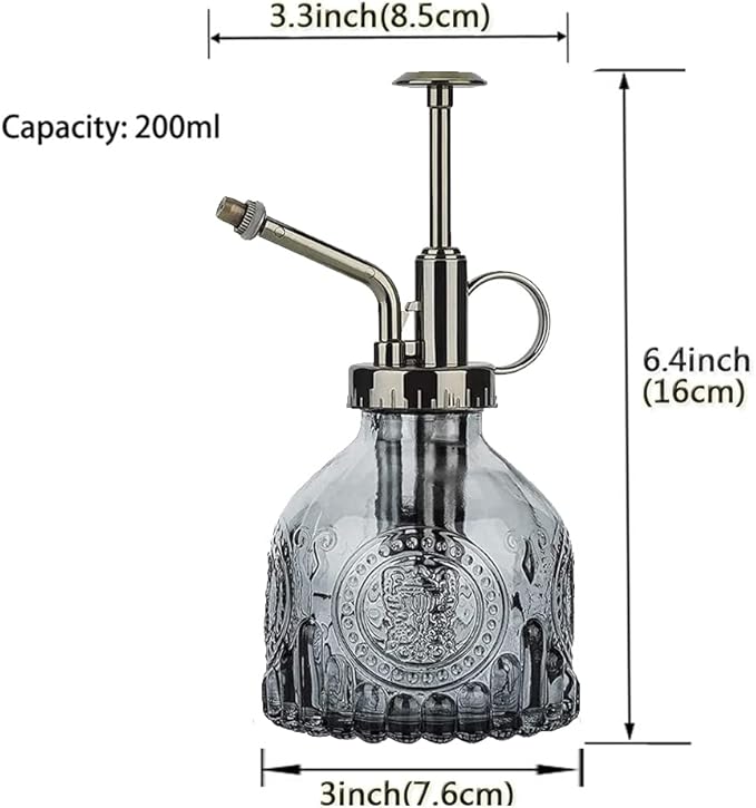 Glass Plant Mister Spray Bottle Indoor Watering Can 6.4inch Tall with Bronze Plastic Top Pump Vintage Small Plant for Outdoor Garden Succulent Flower (Gray)