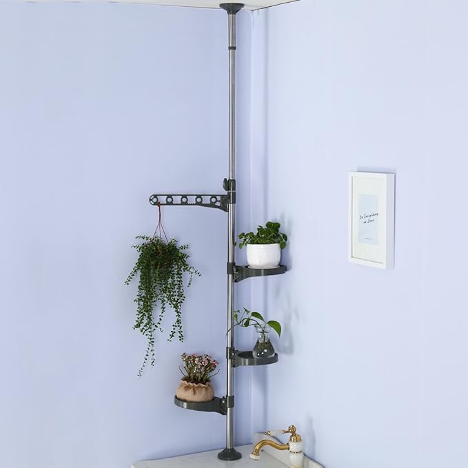 BAOYOUNI Indoor Plant Pole Stand Tension Rod Adjustable Flower Display Rack Spring Loaded Floral Hanger Storage Shelf with 3 Trays & 1 Arm for Windowsill Counter Top, Grey