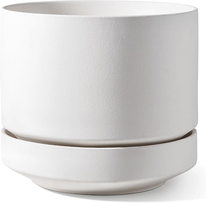 LE TAUCI Large 14 Inch Plant Pot with Saucer | Ceramic Outdoor & Indoor Big Planter Pot | Drainage Hole, Mesh Pad | Unglazed Porous | Modern Minimalist for Home and Patio – Chalk White