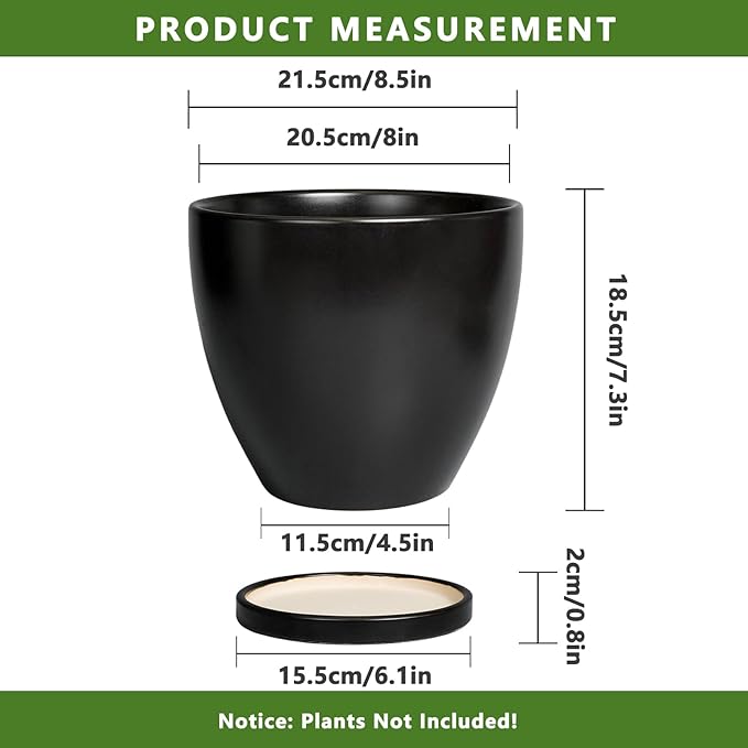 8 Inch Plant Pot - Ceraimc Planter for Indoor Outdoor Plants, Round Flower Pots with Drainage and Tray, House Decor, Black