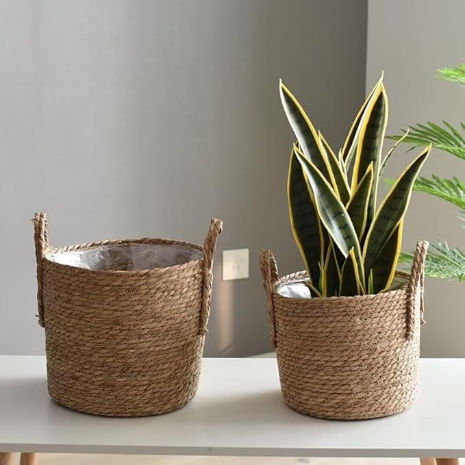 Kerio Seagrass Planter Basket Straw Plant Basket Woven Flower Plant Pot Plant Containers with Plastic Liner for Indoor Plants Laundry Room 13.8Inch
