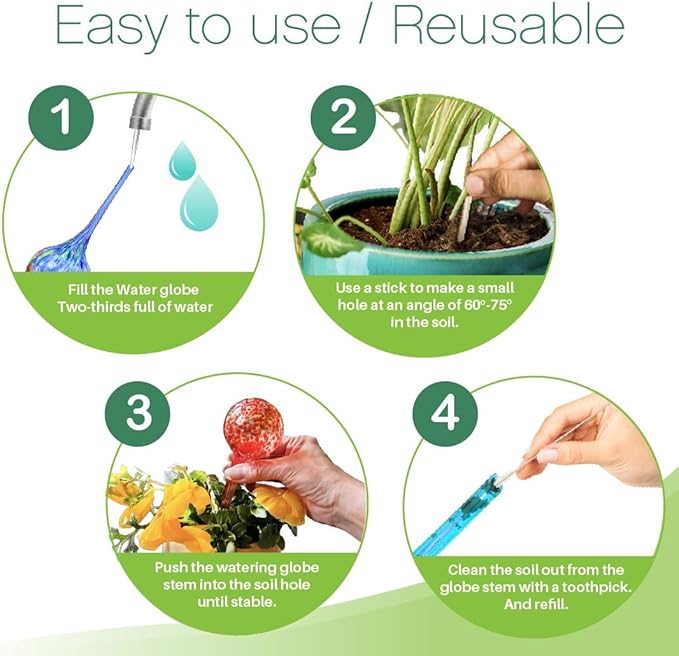 Trenton Gifts Plant Watering Globes - 6-Pack Self Watering Bulbs for Indoor and Outdoor Plants - Hand-Blown Decorative Glass Water Globes - 6" L x 2.5" D - 150ml