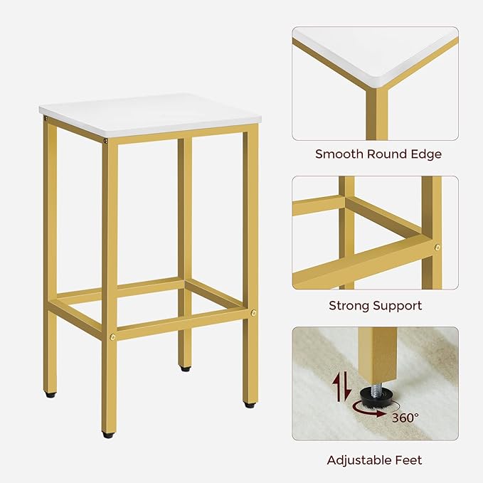 MAHANCRIS Bar Stools, Set of 2 Bar Chairs, Kitchen Breakfast Bar Stools with Footrest, 25.8-Inch Height, Rectangular Industrial Stools, for Dining Room, Easy Assembly, White and Gold BAJW0101