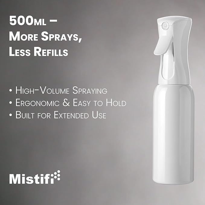 Mistifi Continuous Ultra Fine Mist Spray Bottle – Refillable Water Sprayer for Plants, Hair Styling & Cleaning (500ml 1Pc, White bottle)