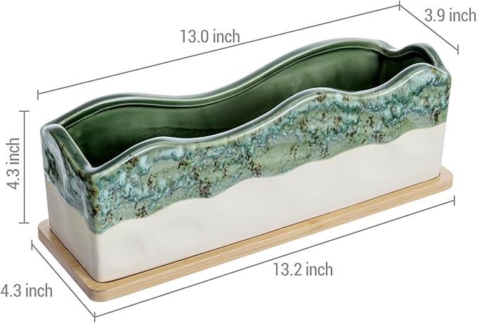 MyGift 13 Inch Large Rectangular Succulent Planter, Decorative Seafoam Green Glazed Beige Ceramic Indoor Plant Container Pot with Removable Bamboo Tray