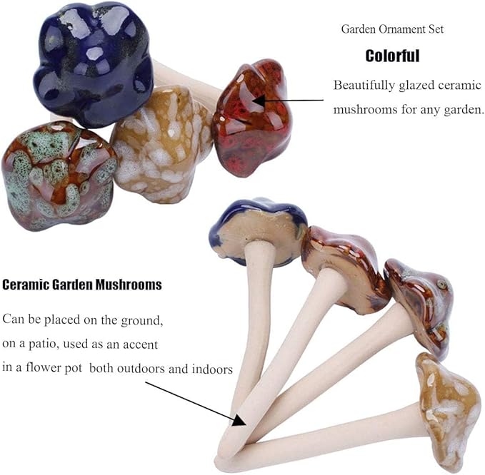kathson 6 PCS Garden Decor Mushroom - Ceramic Mushrooms for Garden, Yard, Fairy Garden Stakes Lawn Ornament Plants Stakes Accessories Pottery Ornament 4.52" in Height (Random Color)